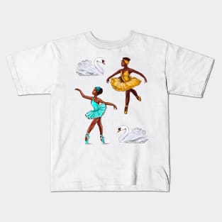 The top 10 best Dance gifts - Swans - African American Ballerinas Black girls dancing Ballet Dancers Brown skin Ballerina Kids T-Shirt